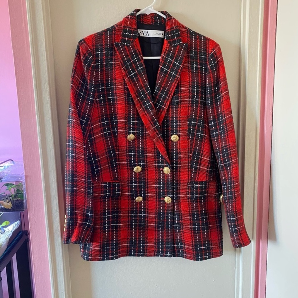 Zara Red and Black Plaid Blazer